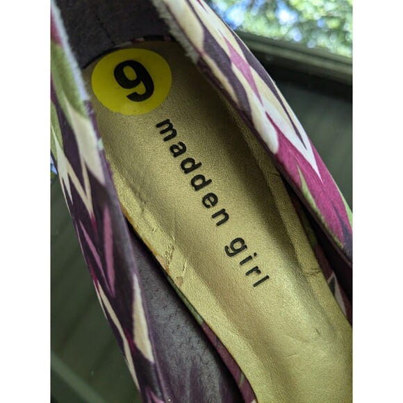 Madden Girl Heels Women's Sz 9 Jacquard Marled Aztec Purple Geometric Peep Toe - Picture 6 of 9